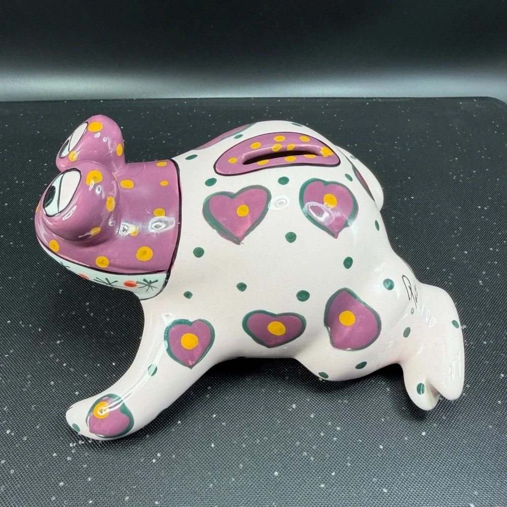 Ganz Bella Casa Ceramic Frog‎ Piggy Bank Hand Painted Hearts Polka Dots Pink